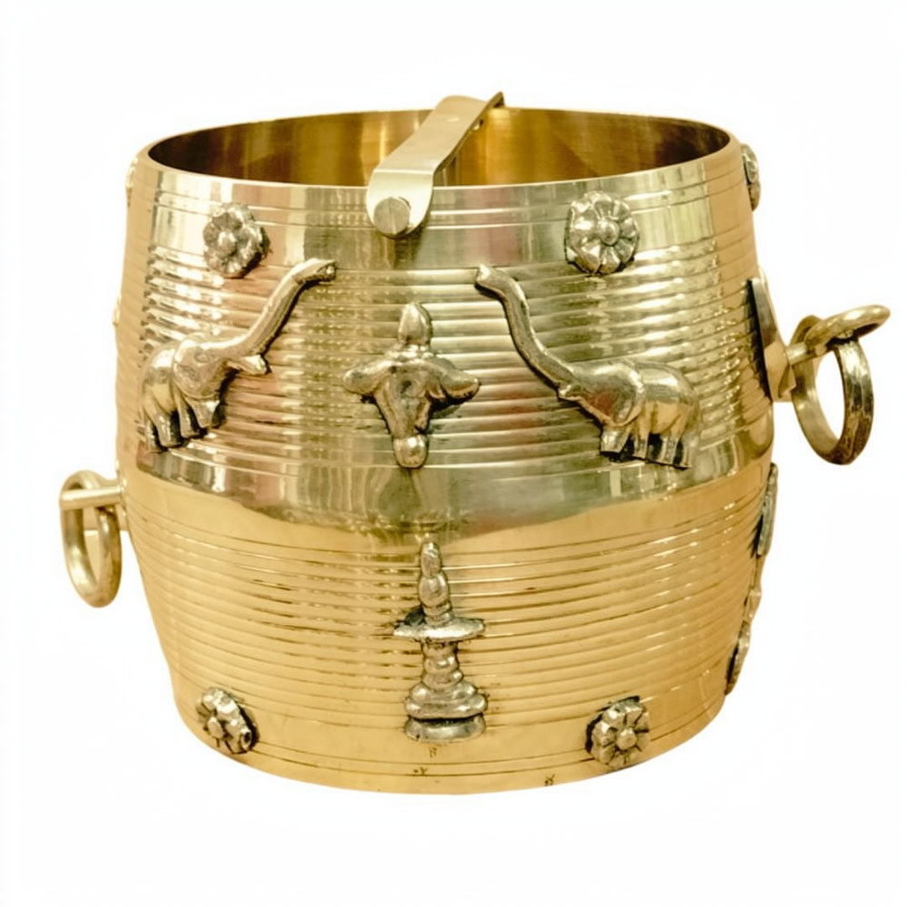 Traditional Kerala brass Nira Para vessel with decorative elephant motifs