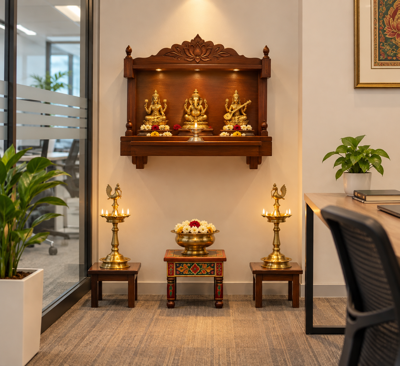 Office puja space with Ganesha, lamps and traditional accessories