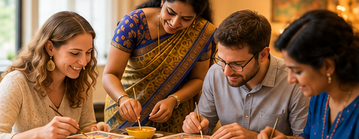 Indian and international participants trying an Indian art activity together